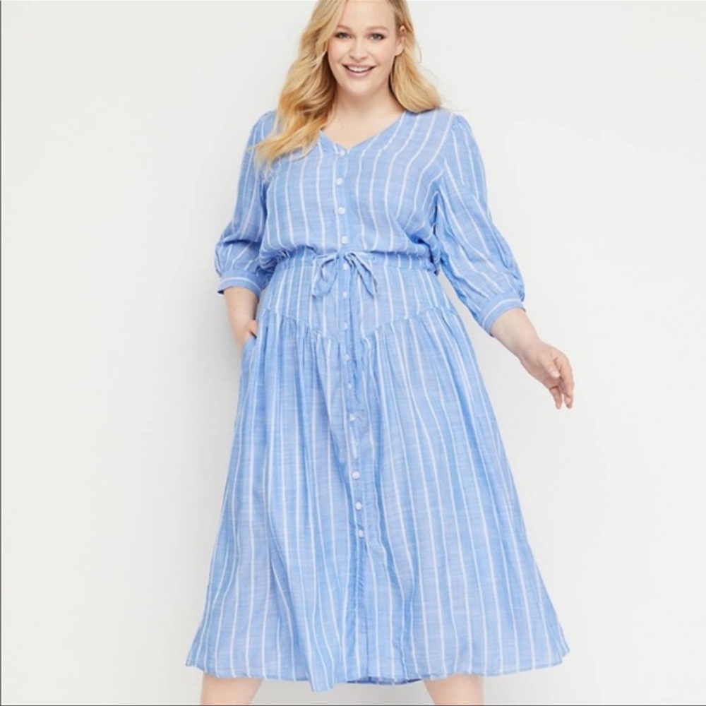 Lane Bryant Blue and White Striped Button Front Midi Dress Size 20
